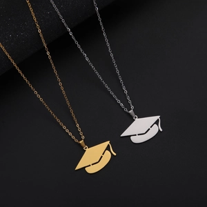 Minimalist graduation cap pendant necklaces in gold and silver stainless steel set