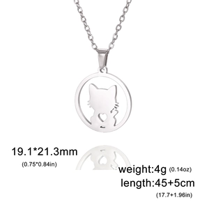 Silver hollow cat pendant necklace in stainless steel with heart detail on O-chain