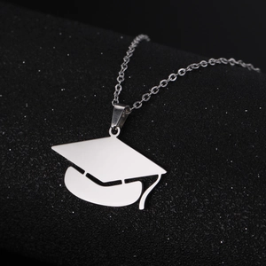 Minimalist silver stainless steel graduation cap pendant necklace with polished finish
