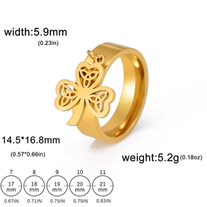 Gold stainless steel Celtic knot clover charm ring showing product dimensions and sizes