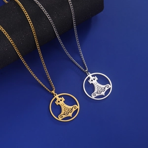 Viking Mjölnir Anhänger Halskette in Gold und Silber mit Edelstahl Kreuzkette für Herren