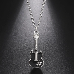 Hip Hop Alloy Electric Guitar Pendant Necklace For Men Women Antique Silver Rhinestone Music Theme Musical Instrument Jewelry