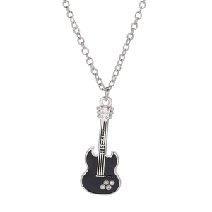 Hip hop style silver chain necklace with black electric guitar pendant and crystal accents