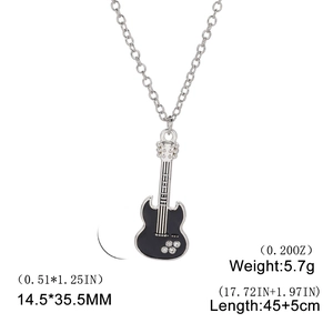 Silver and black electric guitar pendant necklace with crystals and size markings