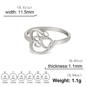 Size chart for heart and paw print stainless steel ring with dimensions and US sizing guide