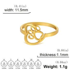 Size chart for stainless steel ring with hollow cat paw and heart pattern cutout