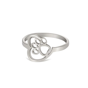 Minimalist stainless steel ring featuring a cutout heart and pet paw print design