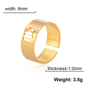 Detail view of gold Virgo zodiac ring showing 8mm width and 1.0mm thickness parameters