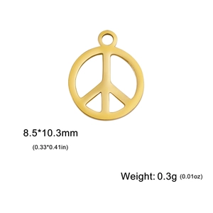 Golden stainless steel peace symbol charm with 8.5x10.3mm dimensions for DIY jewelry