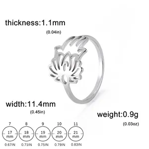 Bague lotus vintage en acier inoxydable avec design ajouré et guide des tailles détaillé