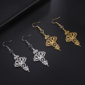 Orecchini a Goccia Lotus Unalome in Acciaio Inossidabile Bohemien per Donna Orecchini a Gancio con Gemma Nera a Fiore Cavo Vintage