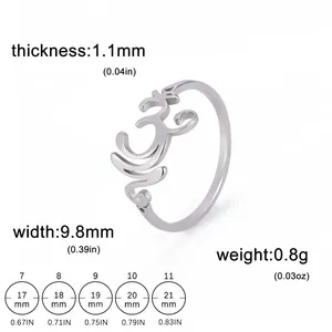 Polished stainless steel Om symbol ring with size chart and technical specifications