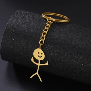 Gold stainless steel smiley stickman keychain with middle finger gesture in high polish