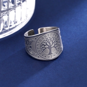 Viking Levensboom Roestvrij Stalen Ring Voor Mannen Vrouwen Punk Retro Runensymbolen Verstelbare Open Ring Noorse Sieraden