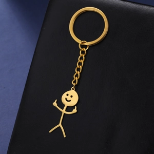 Polished gold stainless steel stickman keychain with funny middle finger gesture