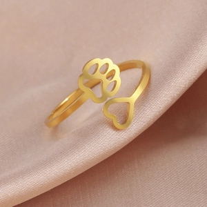 Adjustable 18K gold-plated stainless steel open ring with heart and paw print pattern