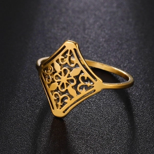 Vintage Edelstahl Hohl Blumen Rautenform Ring Gold Silber Überzogen Geometrischer Ausschnitt Band Schmuck Für Damen Herren