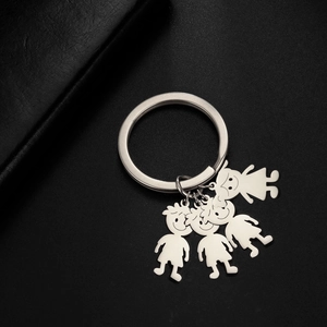 Polished stainless steel keychain with four cute cartoon boy and girl figure pendants
