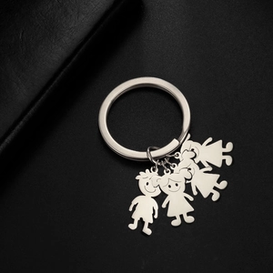 Polished stainless steel keychain with four cute cartoon family character pendants