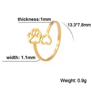 Adjustable 18K gold-plated stainless steel ring with hollow heart and dog paw prints