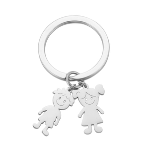 Polished stainless steel keychain with cute cartoon boy and girl figure pendants