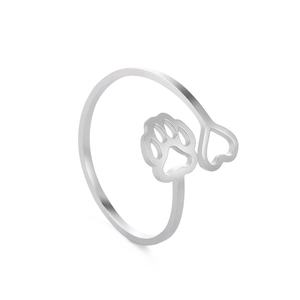 Polished stainless steel adjustable open ring with hollow heart and paw print design