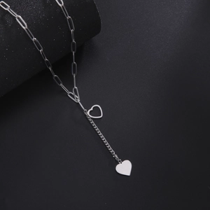 Y-shaped titanium steel paperclip chain necklace with double heart tassel pendants