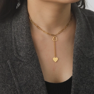 18k gold plated stainless steel paperclip chain necklace with hollow and solid heart charms