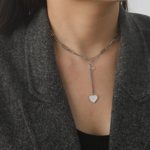 Silver stainless steel Y-shaped necklace with heart pendants and paperclip chain