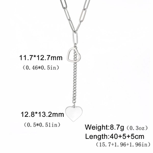 Titanium steel Y-necklace with dual hearts and tassel chain on a white background
