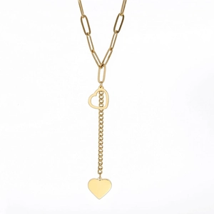 18k gold plated titanium steel paperclip chain necklace with dual heart pendants
