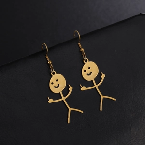 Orecchini stickman sorriso dorati con gesto creativo del dito medio in acciaio lucido