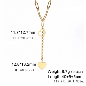 Detail of double heart pendant necklace with 18k gold plating on stainless steel chains