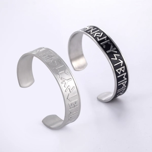 Viking style stainless steel open cuffs with Nordic runes engraving in silver and black