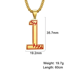 Collier doré chiffre 1 style baseball avec coutures rouges et chaîne carrée tendance