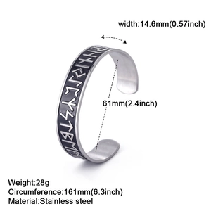 Retro stainless steel cuff bracelet featuring engraved Viking Norse runes symbols