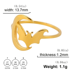 Anello gotico in acciaio inossidabile dorato con mezzaluna e pipistrello e dimensioni