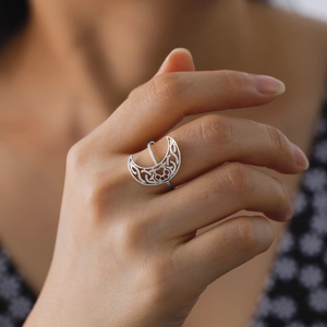 Adjustable stainless steel crescent moon ring with Celtic knot and cat paw print
