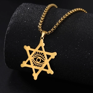 Collier en acier inoxydable doré avec pendentif hexagramme et l'œil de la Providence poli