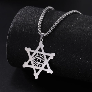 Collier avec pendentif hexagramme oeil maléfique en acier inoxydable poli pour hommes et femmes