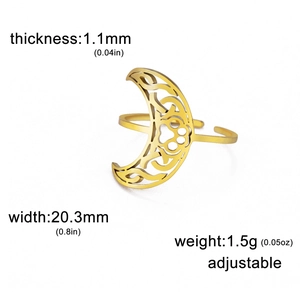 Elegant gold stainless steel hollow crescent moon ring with adjustable open band design