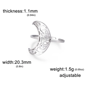 Adjustable stainless steel crescent moon ring with celtic knot and paw print details