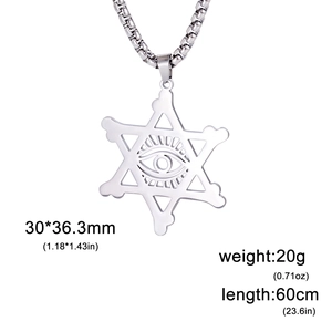 Collier hip hop hexagramme avec pendentif œil maléfique en acier inoxydable argenté