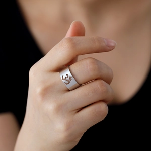 Matte stainless steel wide ring with hollow Om yoga symbol for men and women