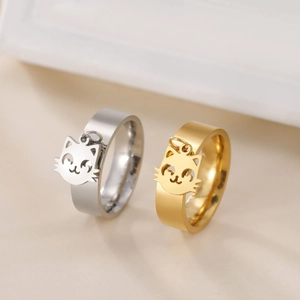 Cute Cat Head Pendant Stainless Steel Ring For Women Fashion Jewelry Hollow Charm Animal Dangle Finger Ring Gold Silver