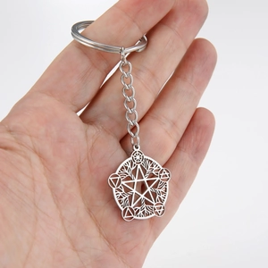 Retro stainless steel keychain with hollow star pendant and tree of life geometric icons
