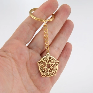 Hand holding a gold hollow pentagram keychain with tree of life and element symbols