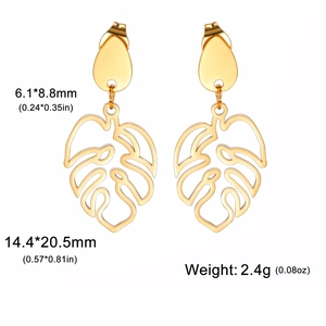 Gold monstera leaf earrings in stainless steel with hollow teardrop pendant design