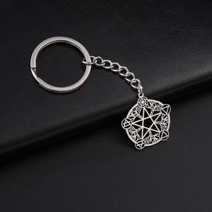 Close-up of vintage hollow geometric star pendant keychain on textured black leather