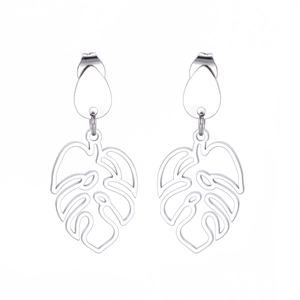 Sleek silver stainless steel monstera leaf drop earrings with cutout design